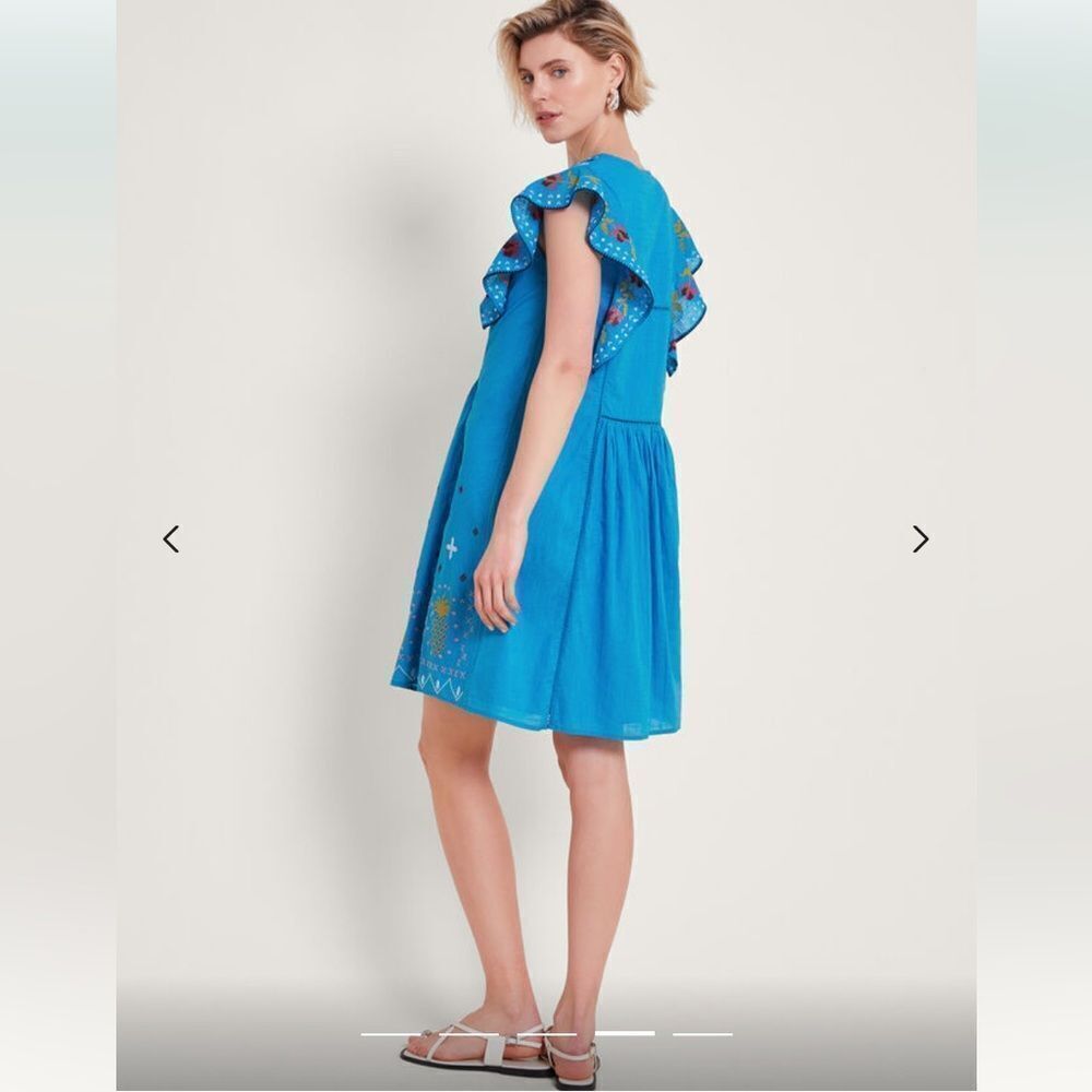 Monsoon Prue Embroidered Mini Dress Blue Lined 100% Cotton Ruffle Sz Small - Picture 5 of 15
